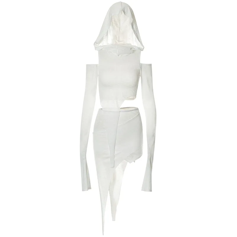 2023 Irregular Shape Women Two Piece Sets Y2K Off Shoulder Hoodies Tops with See-through Cut Out Mini  Skirt Sets Streetwear