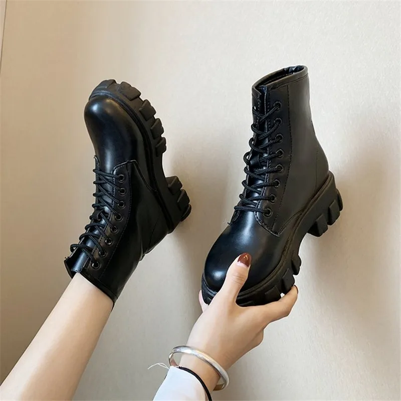 Botas Women Motorcycle Ankle Boots Wedges Female Lace Up Platforms Spring Black Leather Oxford Shoes Woman 2020 Botas Mujer