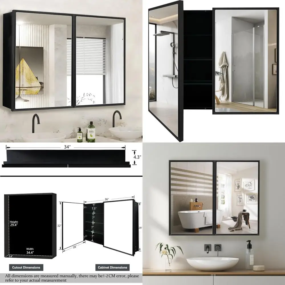 

Aluminum Medicine Cabinet, 36x32 Inches, Brushed Nickel Mirror, Recessed or Surface Mount, Double Door Bathroom Storage with Fra