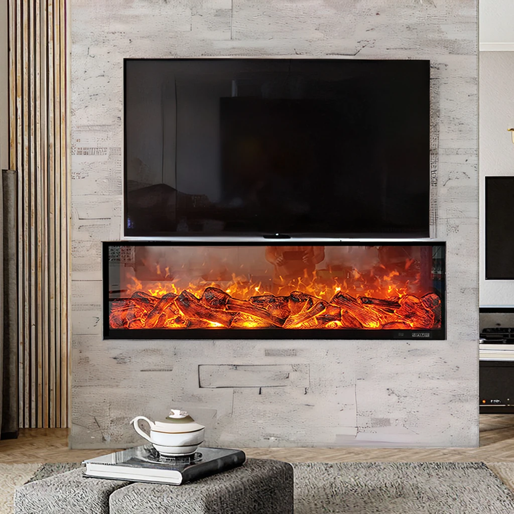 60-Inch Modern 2D Electric Fireplace Heater Color-Changing Flame Remote Control Wall Mounted for Home Commercial Hotels Steel