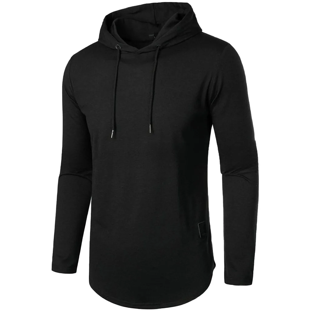 Herren-Langarm-T-Shirt mit Kapuze, Kordelzug, Baumwolle, lässig, gemütlich, einfarbig, schmale Passform, für Herren, Sport, Fitness, atmungsaktiv – Detail 14