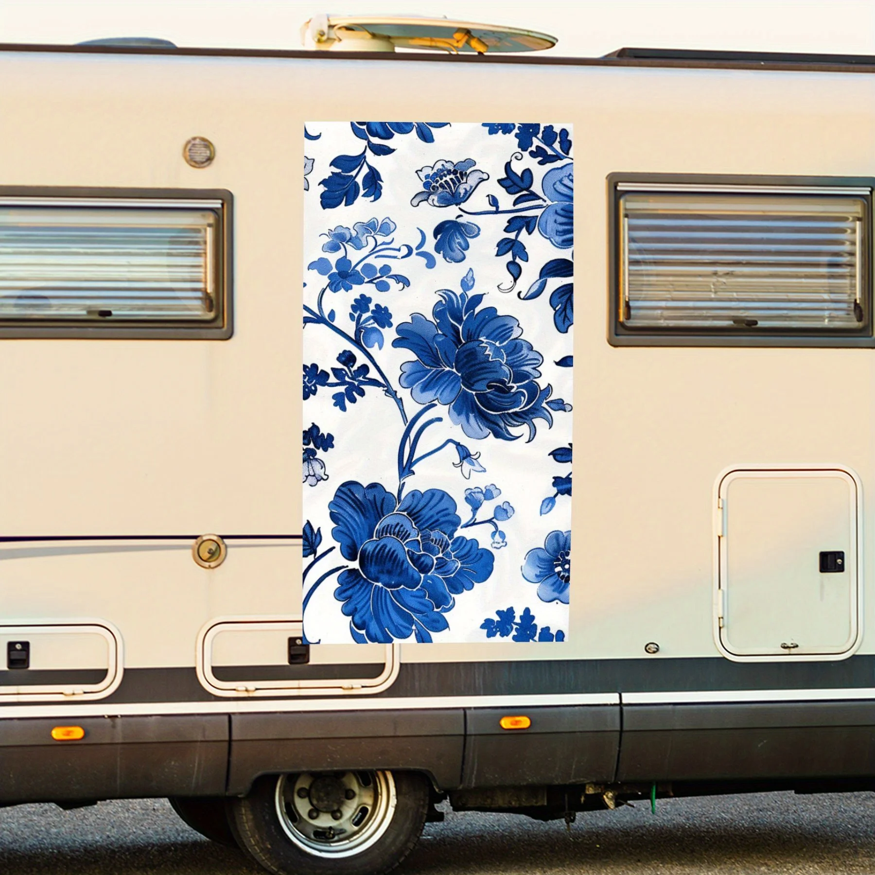

Blue and white porcelain Motorhome Car Door Sticker PVC Self Waterproof Stick, Striking Auto Exterior Accessories Decor Protect