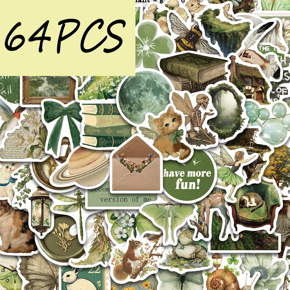 64PCS green and fresh series stickers, suitable for decorating laptops, suitcases, water cups, guitars, waterproof stickers
