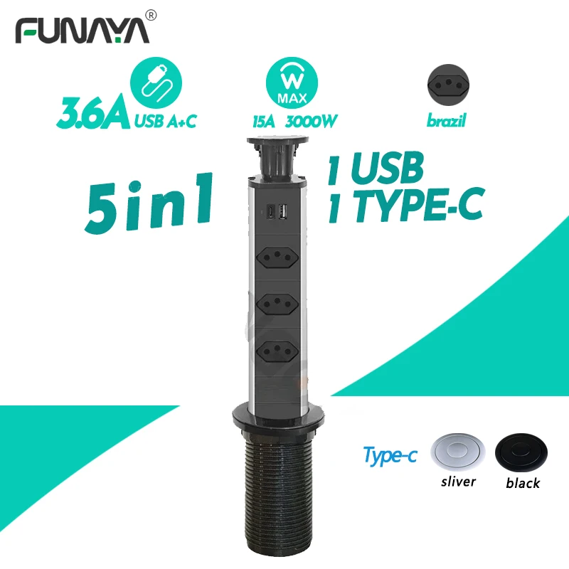 

Br Pop Up Table Sockets Brazil Pull-out 3 Outlets USB A C Plug Socket 2500W Pull-up Bult In Desktop Embedded Lifting Row Socket