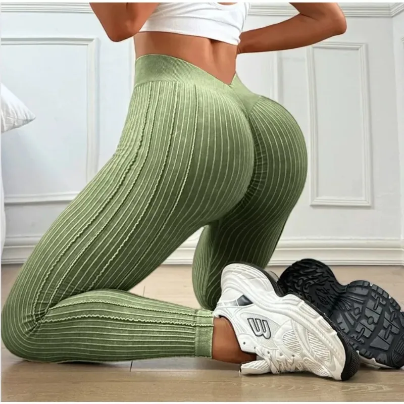 Women Seamless Gym High Waist Yoga Pants Hip Lifting Outdoor Sports Tight Solid Striped Fitness Pants Exercise Yoga Pants