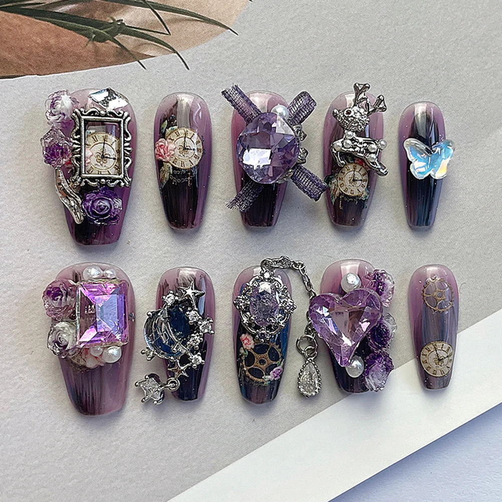 Advanced Dreamy Purple Handmade Beautiful Y2K Press On Nails Creative Butterfly Rhinestone False Nails Ring Suit Birthday Gift