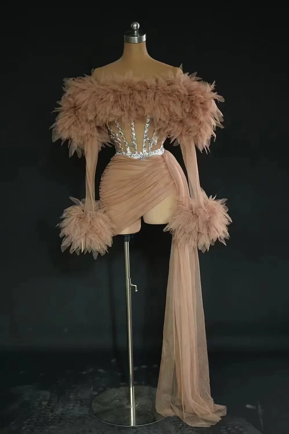 Strój klubowy, kostium showgirl, luksusowy strój na imprezę, błyszczący, seksowny, siateczkowy, z odkrytymi ramionami, dwuczęściowy zestaw spódnic, strój dla tancerki scenicznej