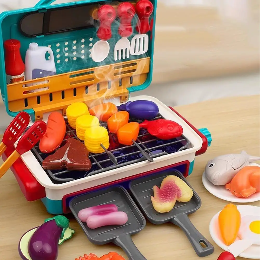 Kids Simulated Barbecue Set with Spray Light and Sound Pretend Play Kitchen Cooking Toy BBQ Educational Toys for Kids Xmas Gifts