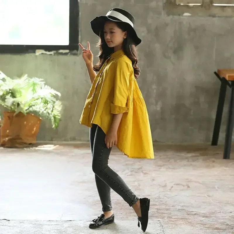 Korean Style Kids Shirts Teenagers Summer Tops Long Shirts for Teenage Girls 2023 Teen White Yellow Blouse 12 14 Years Clothes