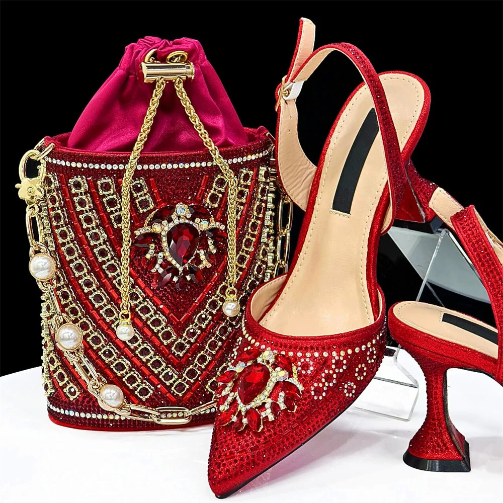 Summer Elegant Pointed Toe Design Italian Rhinestone Sandal Shoes And Bag Set For Wedding Nigerian Woman Pumps Shoes And Bag Set