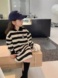 Spring Girls Stripes Dresses Autumn Long Sleeve Polo Neck Sweatshirt Dress Kids Fashion Casual Clothes 1-10 Years