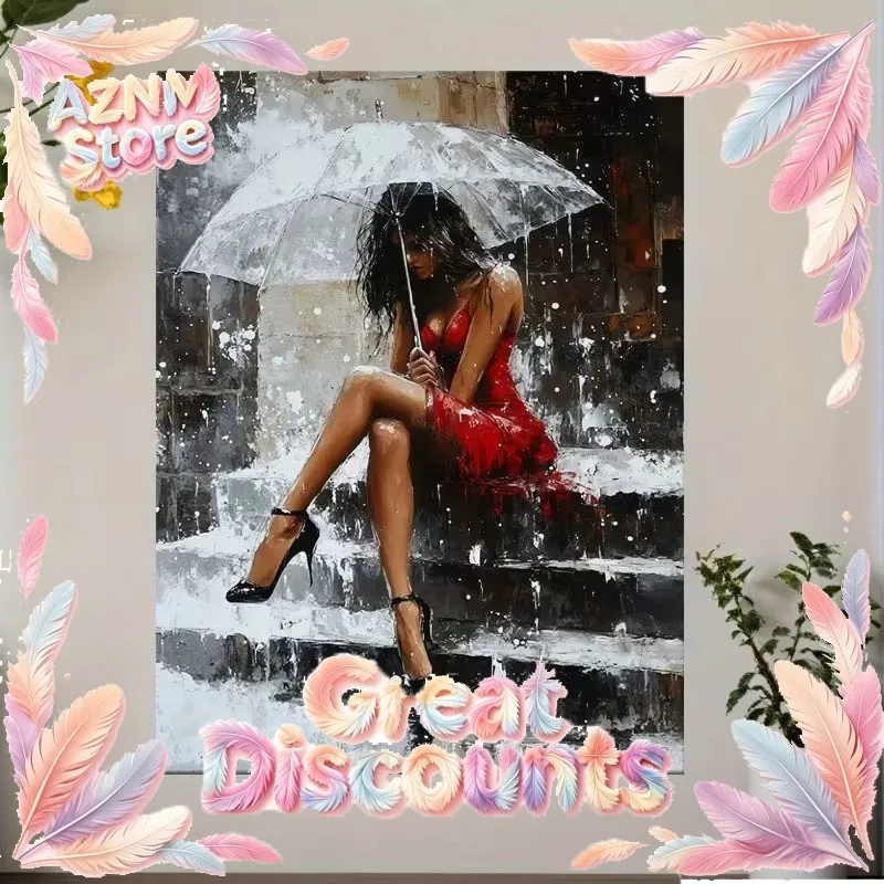2026 Woman in Red Dress Sat on The Steps Hold Umbrella Poster Print Animal Canvas Painting Wall Art Picture for LivingRoom Home