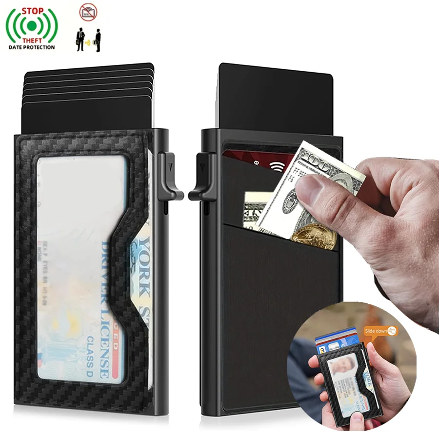 

PU carbon fiber with window Card holder with print for men, RFID blocking card holder, automatic pop-up card holder 1 pc.