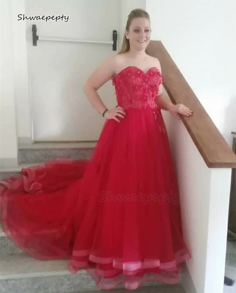 

Shwaepepty Sweetheart Long Red A-Line Wedding Dress 3D Floral Applique Piping Tulle Bridal Gown Sleeveless Corset Customized