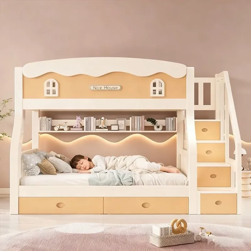 for Solid Wood Cherry Upper and Lower Bunk Beds Small Apartment Two Layer Multi Functional Child and Mother High Low Bed