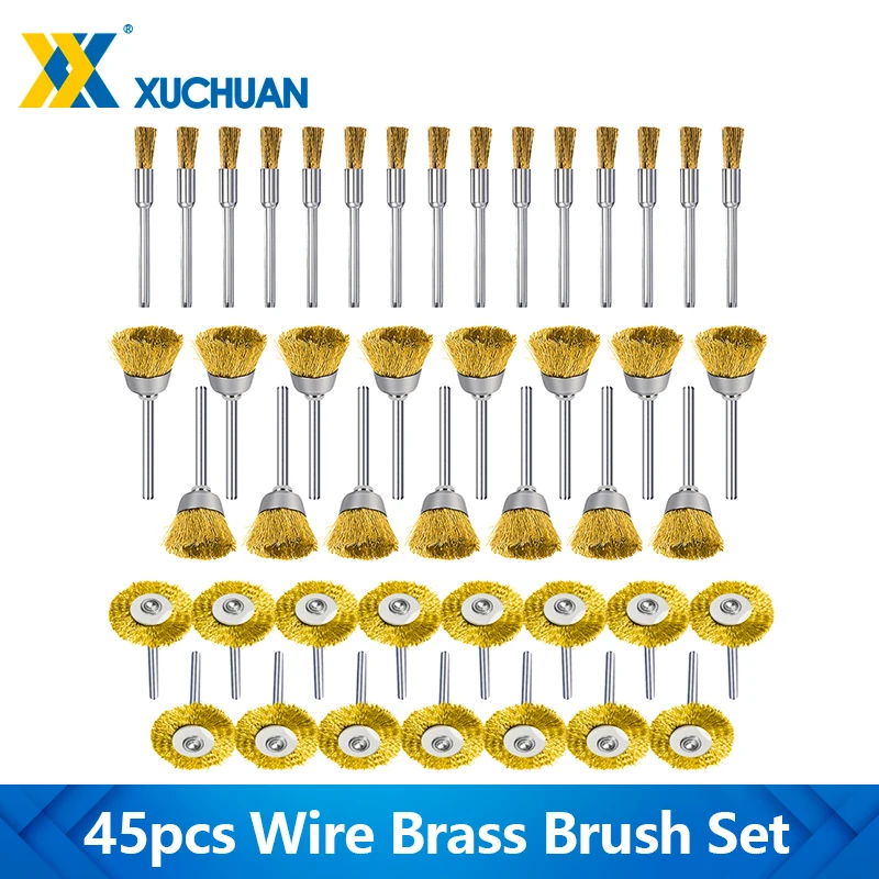 45pcs Brass Wire Wheel Cup Brush Set 3mm Shank Metal Rust Removal Brush Set for Dremel Rotary Tool Acceossires