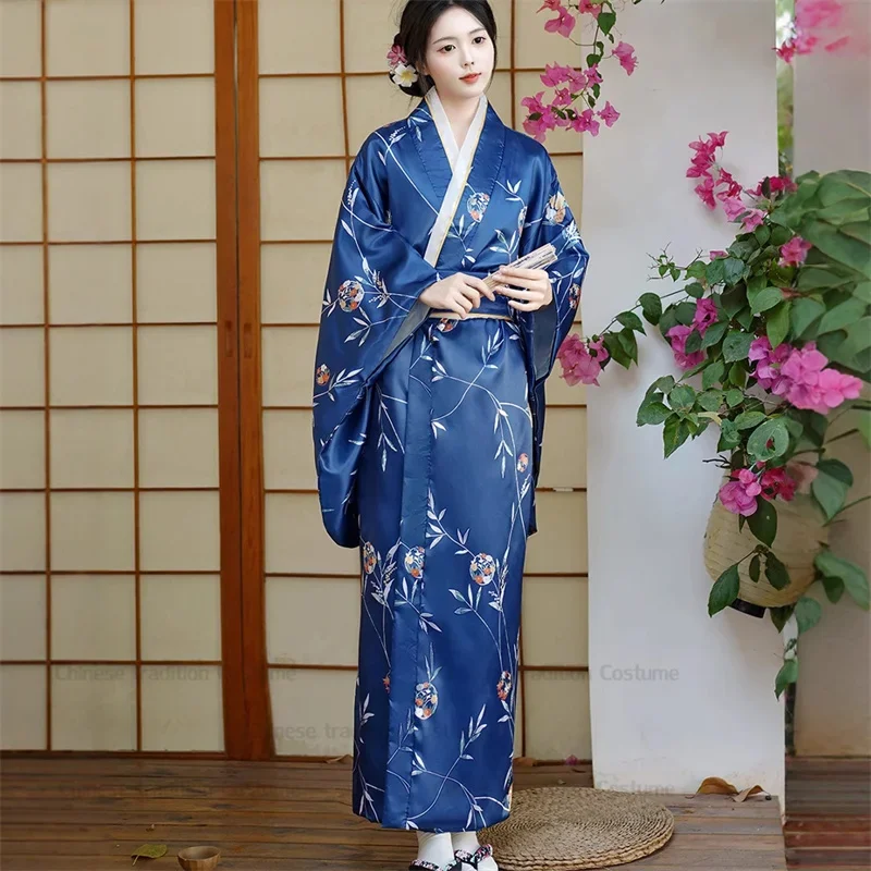 

2025 New Women Vintage Blue Kimonos Japanese Style Kimono Yukata with Obi Printed Geisha Dresses Halloween Cosplay Costume