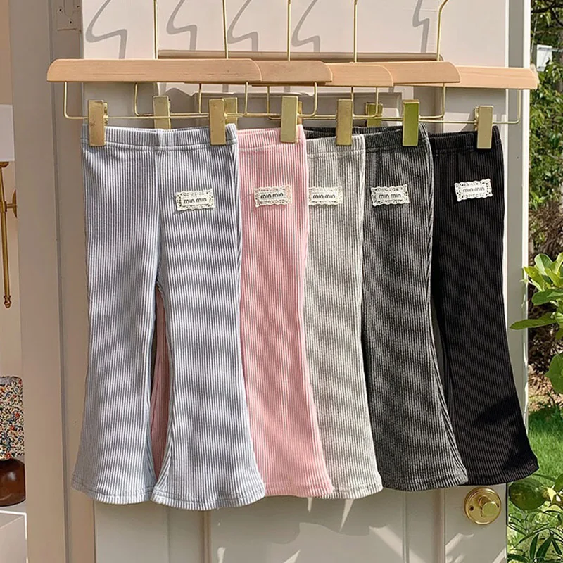 Mädchen Frühling Baumwolle Slim Fit Hohe Taille Dehnbare Einfarbige Rosa Schlaghose Weiche Kinderhose