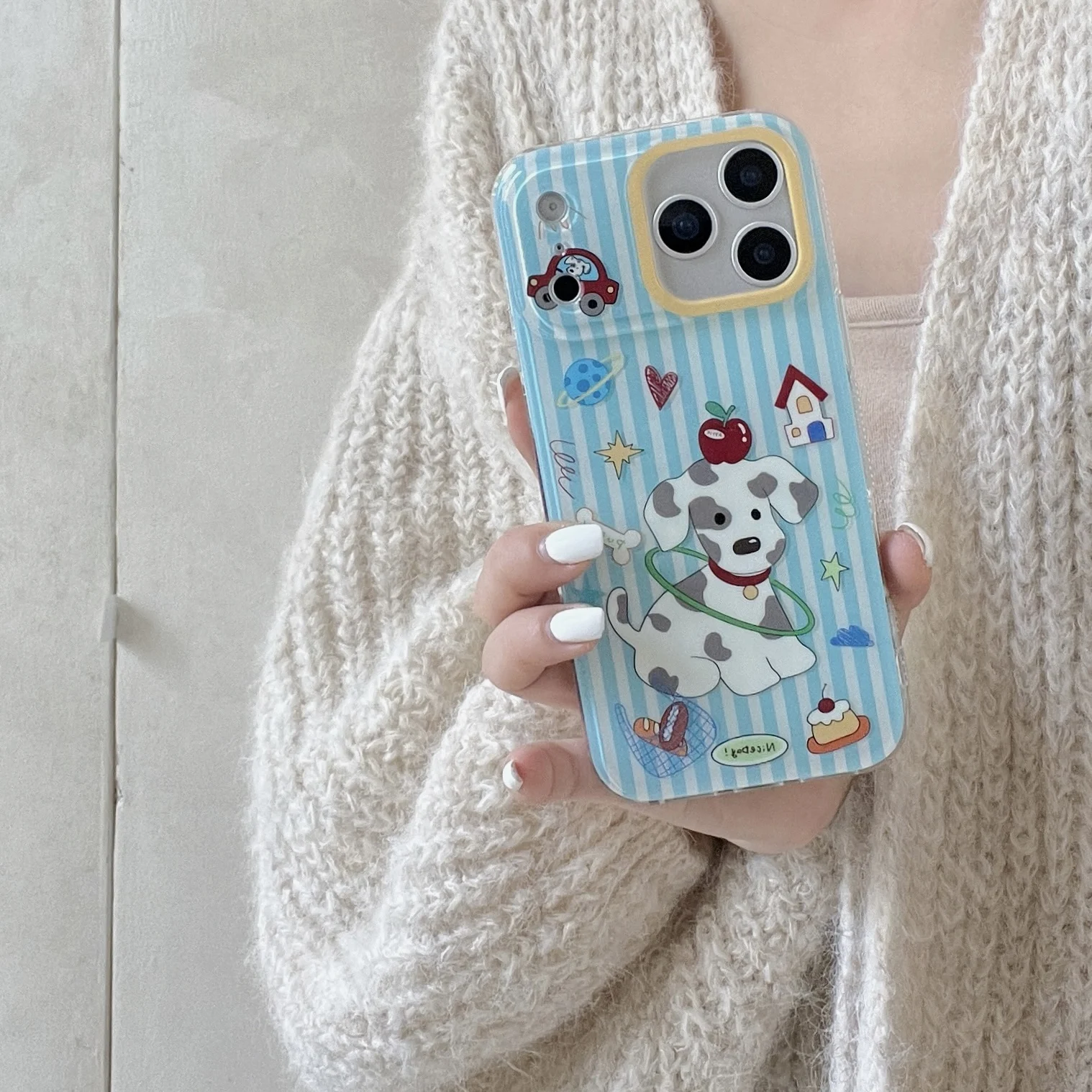 Korean INS Striped Puppy Anti-fall Acrylic Phone Case For iPhone 17 16 Pro 15  Pro Max Cover Shockproof Cute Protective Cases