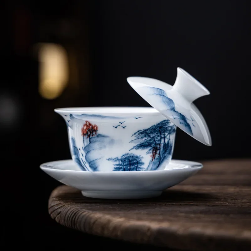 Hand-painted Underglaze Color Sancai Gaiwan Bowl with Lid for Household Chinese Tea Maker Cup Kung Fu Tea Set Tea Ceremony Gift