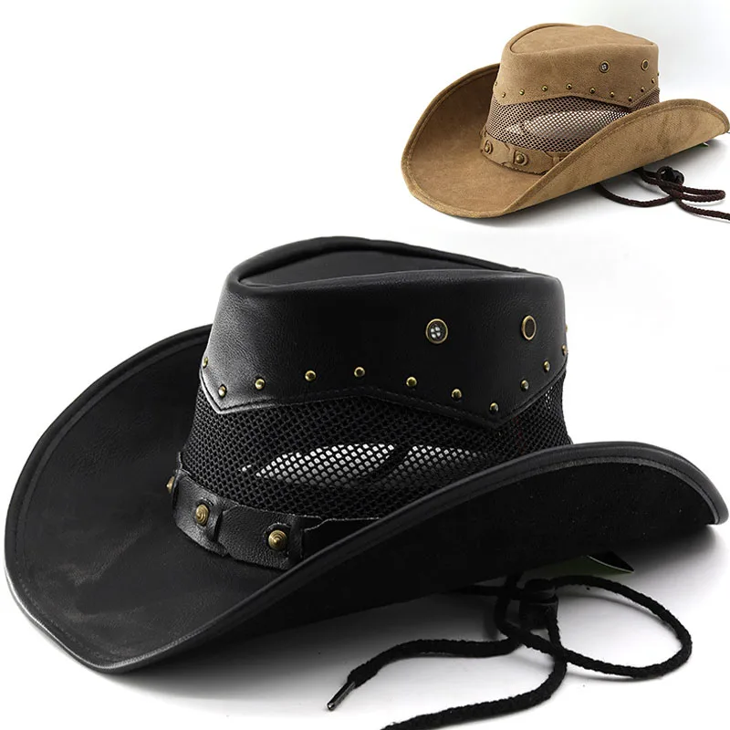 

New Fashion Leather Western Cowboy Hat Men Wide Brim Gentleman Church Cowgirl Hats Pamama Windproof Rope Breathable Jazz Caps