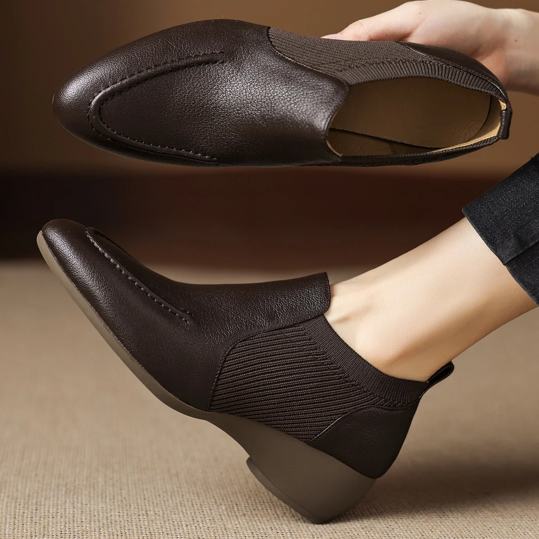 

Women's genuine leather stretch knit patchwork round toe slip-on pumps high quality soft comfortable 4.5cm wedge med heel shoes