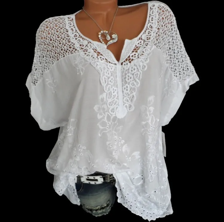 Camisa de manga corta holgada de encaje para mujer, blusas de algodón a la moda, camiseta de malla, Tops sexys, camisa elegante para mujer 2022