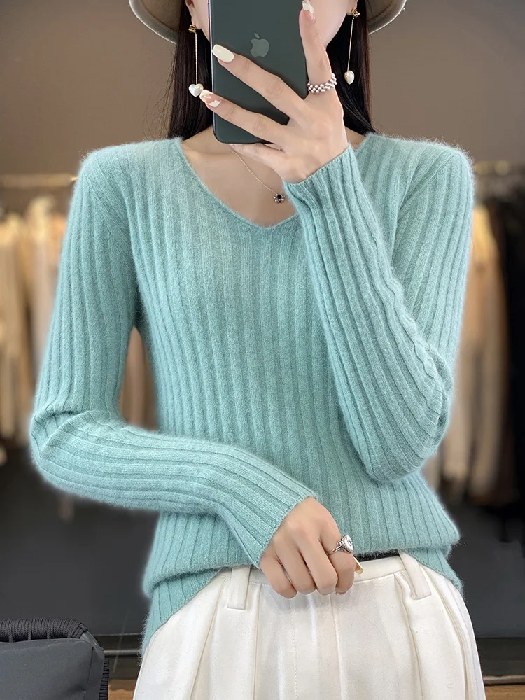 

Women V-neck Cashmere Pullover Sweater Long Sleeve Casual Slim Simple Style Jumper 100% Mink Cashmere Knitwear Spring Autumn Top