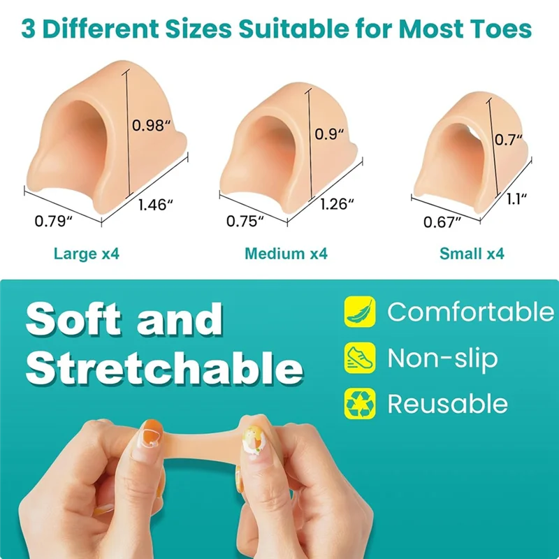 ที่ดัดนิ้วเท้า B25B, ชุดแก้ไขนิ้วเท้าคด 12 ชิ้น สำหรับผู้หญิงและผู้ชาย - ซิลิโคนรองนิ้วเท้า 3 ขนาด