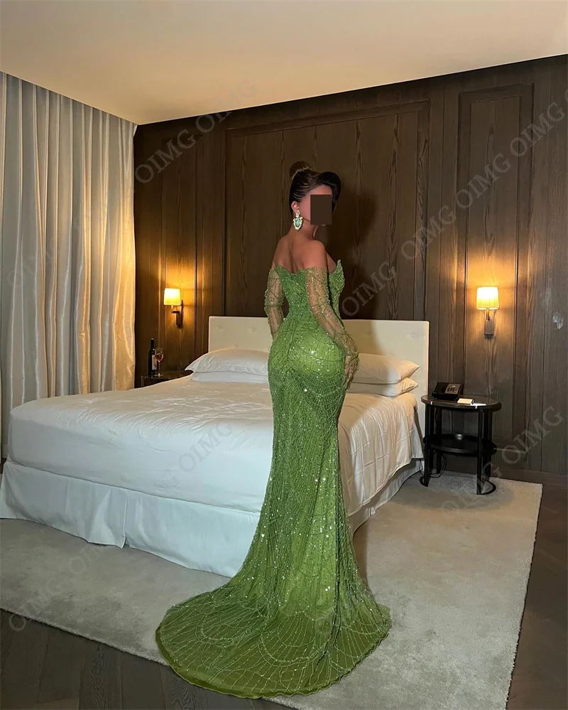 OIMG-vestido de baile de lantejoulas com contas verdes para mulheres, árabe, brilhante, longo, vestidos formais de noite, até o chão, 2024