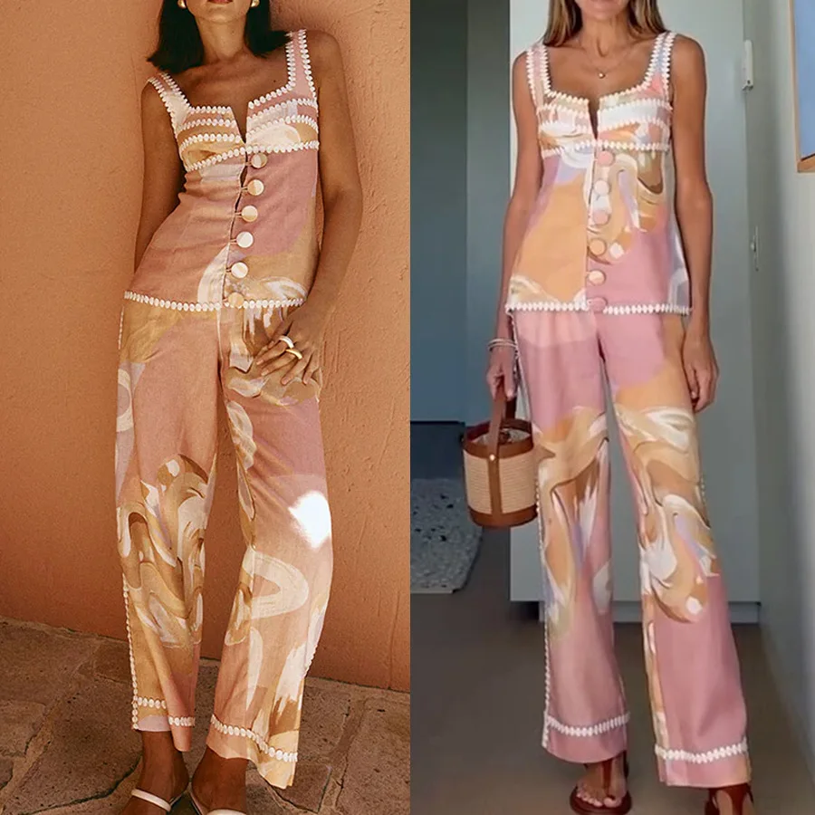 

KIDCRKJ Women Spring Two-Piece Set Sleeveless Tank Top & Pants Printed Button-Up Top Pockets Women Ins Vacation Lady Suit