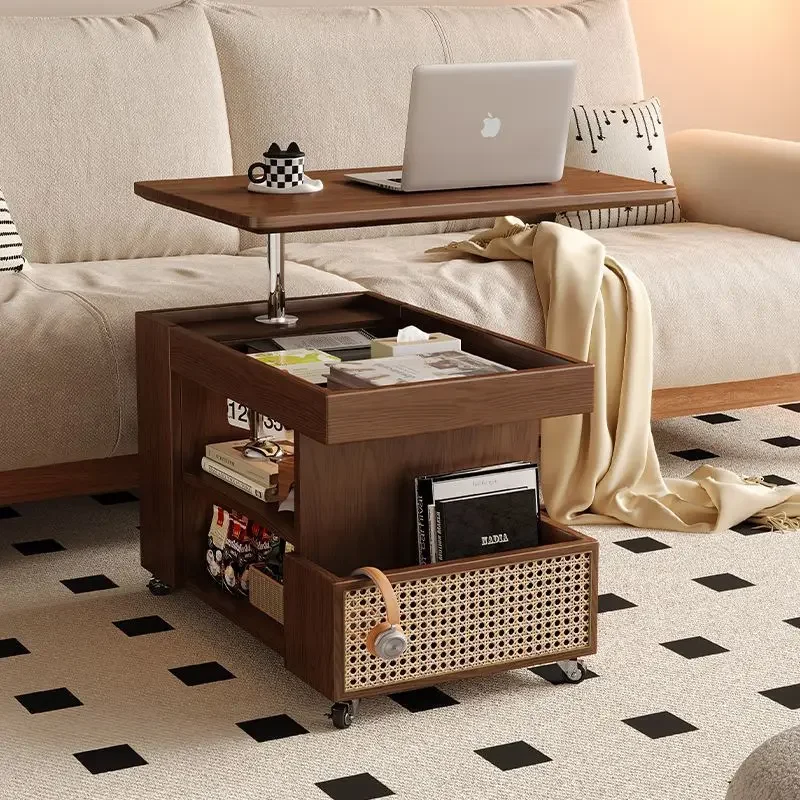 Medieval style mobile side few solid wood lifting rotating coffee table sofa side few cabinets with wheeled trolley storage side