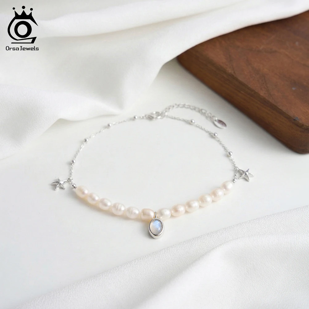 

Rinntin 925 Sterling Silver Natural Freshwater Pearl Anklet for Women with Starfish Summer Holiday Foot Chain Jewelry SA97