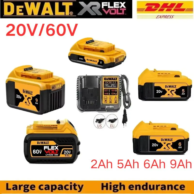 

100%DeWALT Original 20V/60V Battery 2Ah 5Ah 6Ah 9Ah MAX FlexVolt Li-Ion Battery for DeWALT Power Tool Charger+electric drill