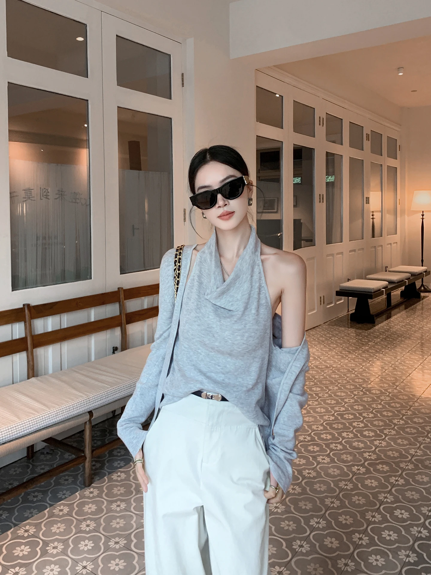 

Женский свободный вязаный топ Binguo пастельных тонов, имитация двухслойности, весна-осень, с длинным рукавом, имитация шелка, с высокой талией