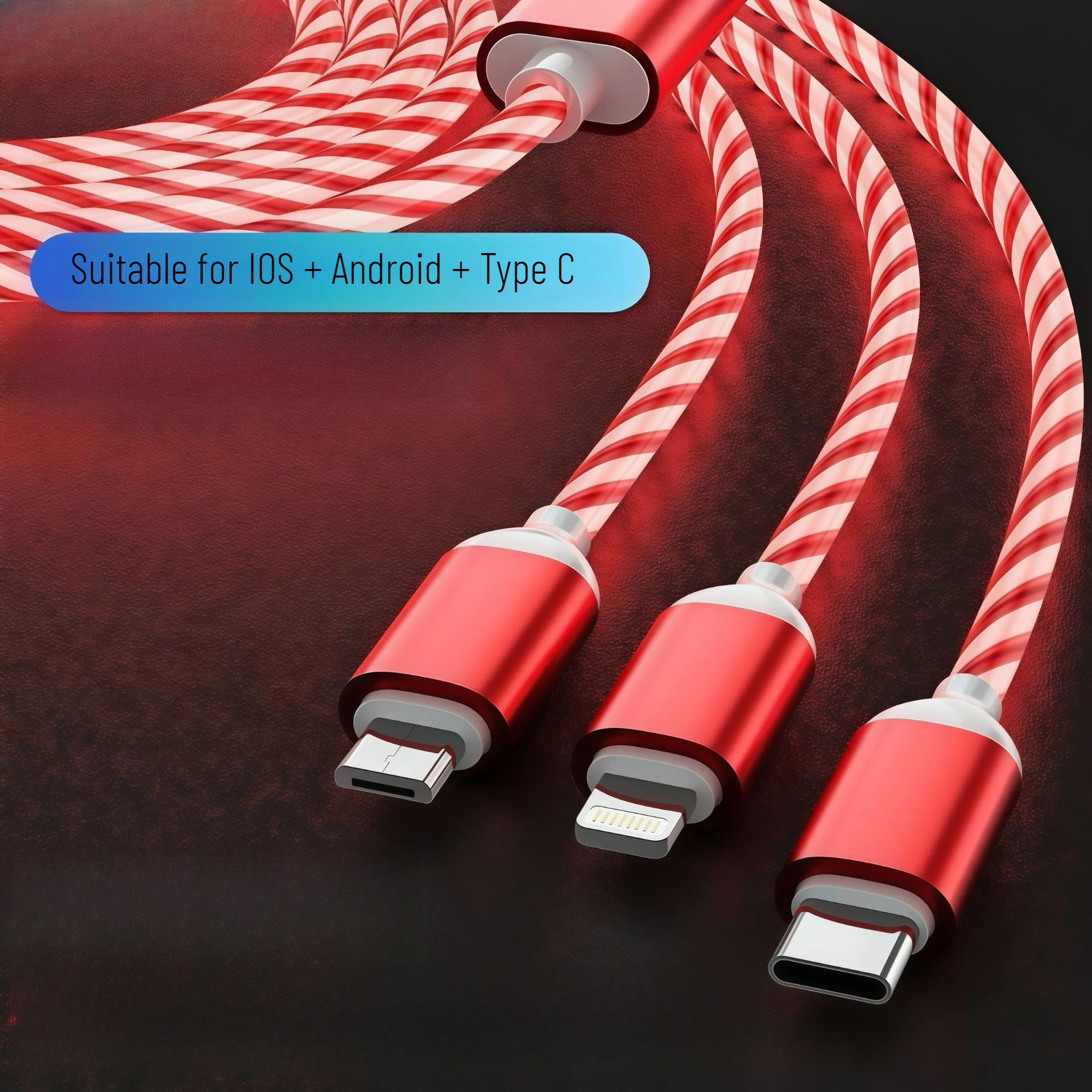 3 في 1 LED تدفق كابل شحن سريع 1.2 متر مايكرو USB نوع C آيفون 12 13 14 آي باد سامسونج جالاكسي هواوي بورا 70/شاومي شاحن