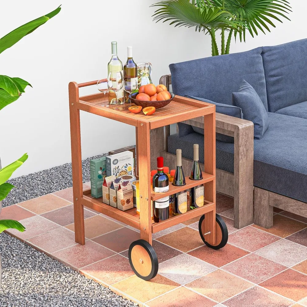 عربة بار خشبية من Giantex، طاولة جانبية من طبقتين بعجلات كبيرة ورف زجاجات النبيذ، عربة تقديم بار منزلي مع لمسة نهائية من زيت الساج، داخلية #3