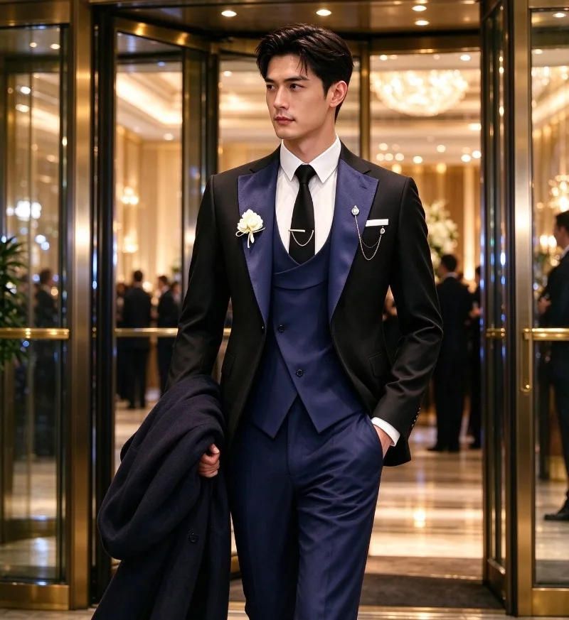 Men Fashion Casual 3 Piece Suit Set Slim Fit Blazer Vest Pants Long Trousers Lightweight Breathable Daily Travel Party Outfit