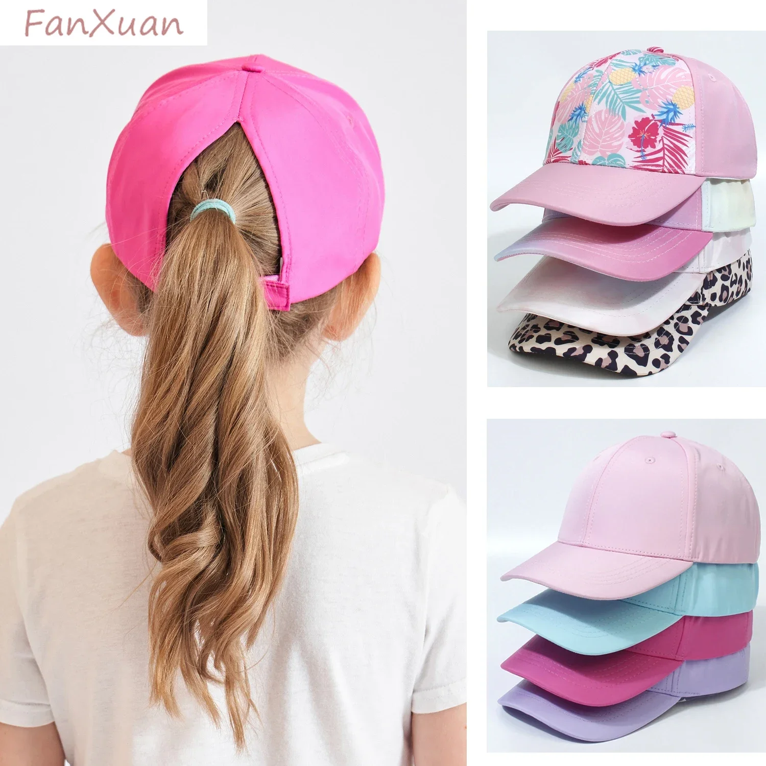 High Ponytail Hat for Girl Kids Sun Summer Baseball Cap for Girl Adjustable Solid Color Print Parent Child Bun Caps Mom Daughter