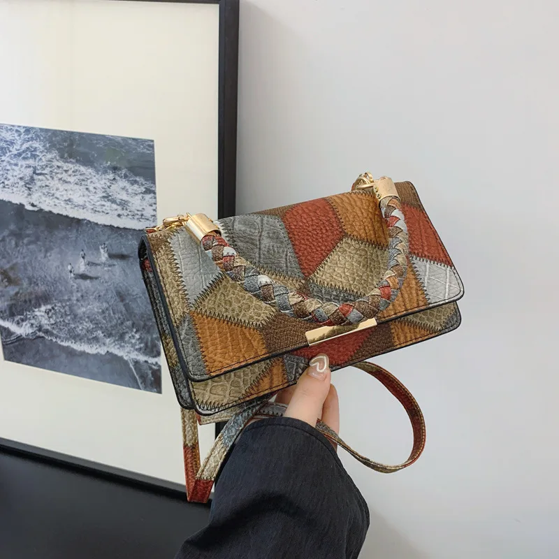 Premium retro woven portable small square bag rhombus splicing single shoulder crossbody small square bag