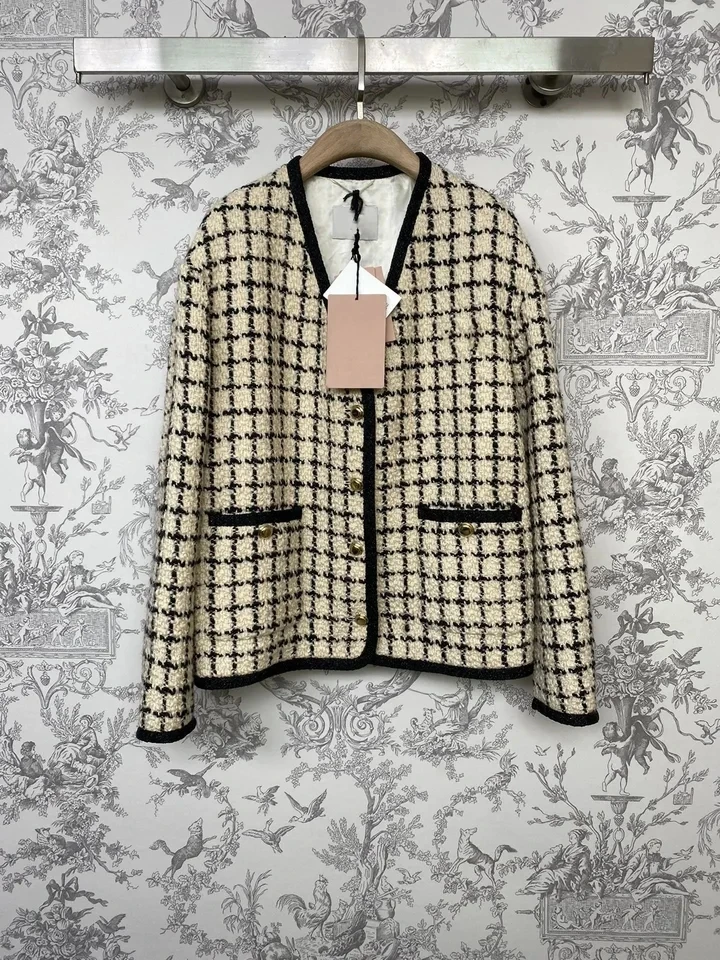 

2024 early spring new elegant plaid V-neck gold button coarse tweed loose long sleeved jacket woman coat