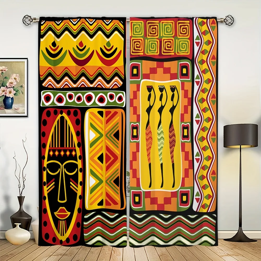 2pcs African Pattern Ethnic Ancient Curtain Colorful Tribal Print Rod Pocket Curtains Semi Blackout Curtains For Living Room