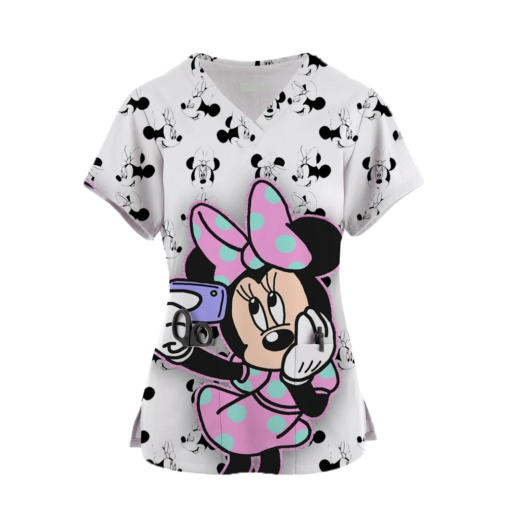 

Women Nursing Clothing Disney Minnie Mickey Print Nursing Scrubs T-Shirt Tops Casual Short Sleeve V-neck Pocket Women Uniform