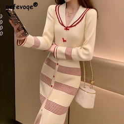 2024 Spring Autumn Women Fashion Striped Elegant Bodycon Ribbed Knitted Dresses Sexy Split Sweet Bow Chic Long Sleeve Midi Dress