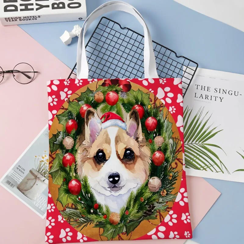 Women Bag Christmas Dog Face/ Stocking ShopperBags Reusable Handbag Large Capacity Vintage Shoulder Bag Linen Fabric Bag 1016WJY