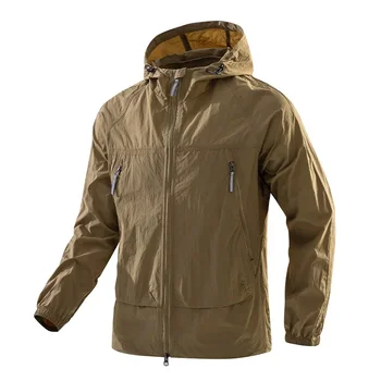 Men's UPF50+ Hooded Windbreaker Jacket Ultra Light Summer Zipper Pocket Elastic Cuffs Outdoor Hiking Running Jacket