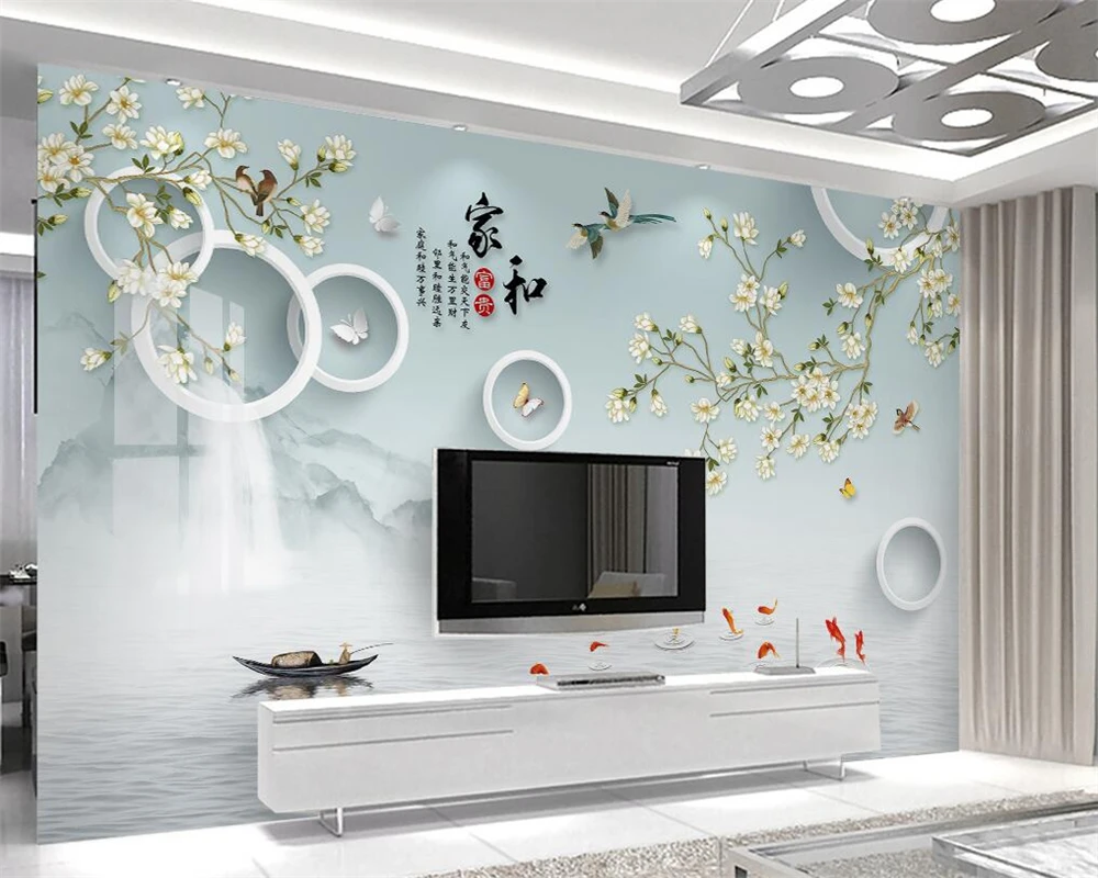 

Custom wallpaper 3d mural Chinese-style meticulous magnolia flower and bird nine fish picture background living room decoration