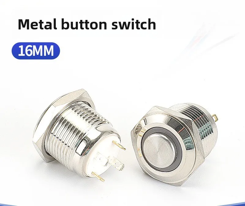 16MM Metal Button Switch, Ring Light Button Waterproof Self-repeating Stainless Steel Button Switch, Solderable Wire