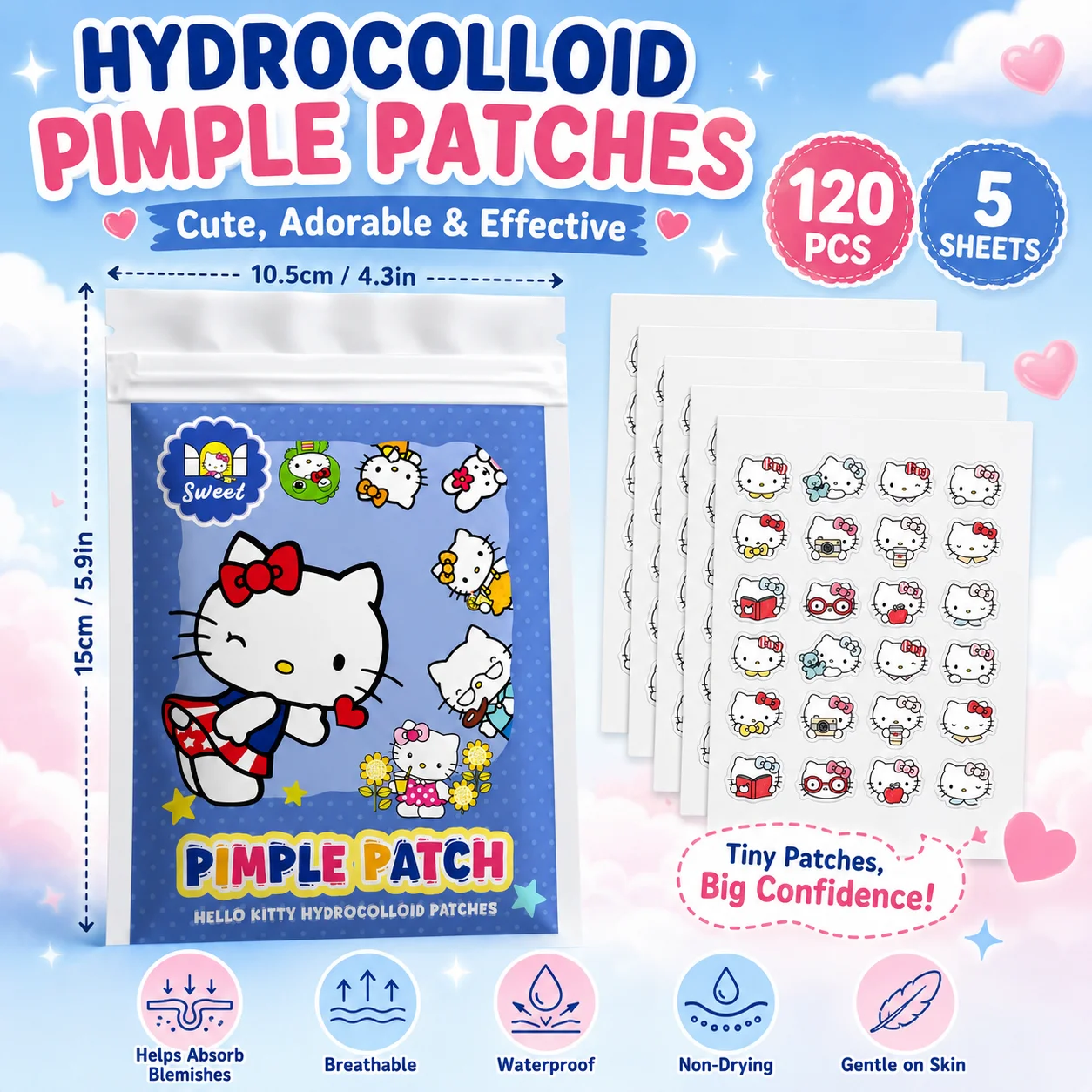 

120PCS hello kitty Acne patches, facial acne patches, hydrogel acne removal patches, concealer