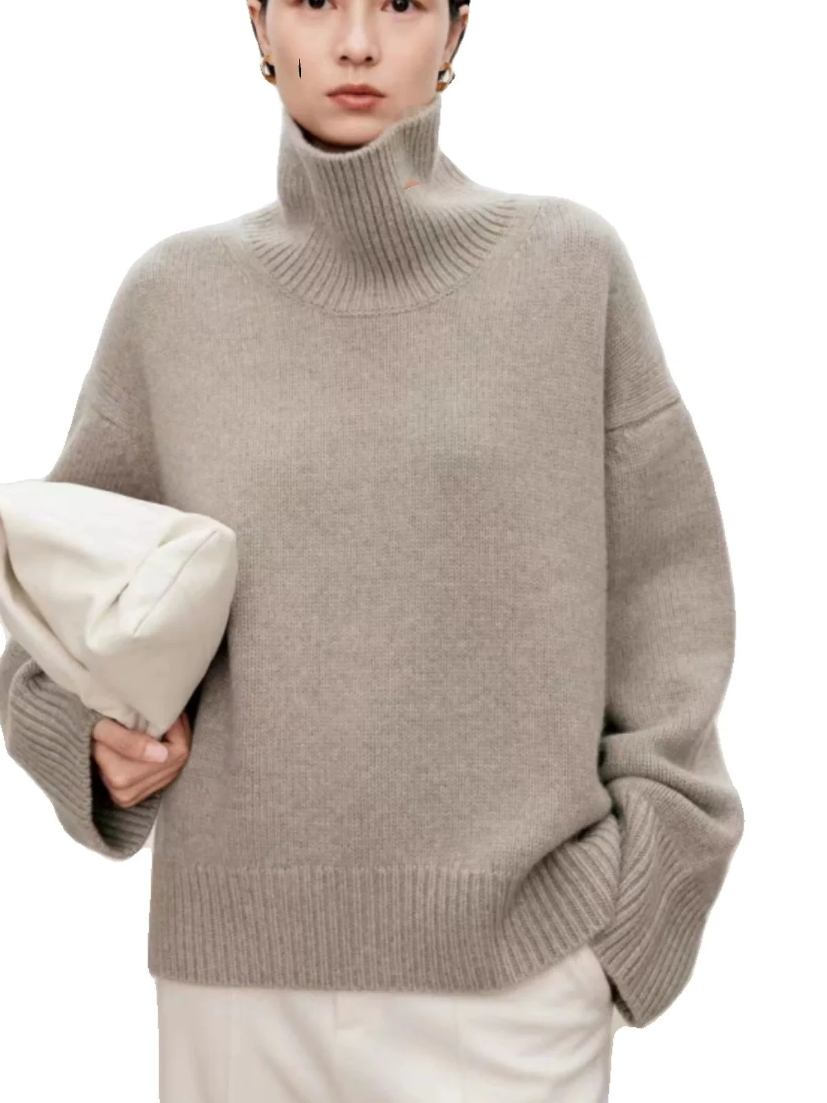 High-end soft waxy turtleneck 100%cashmere sweater women\'s loose thickened sweater base wool sweater